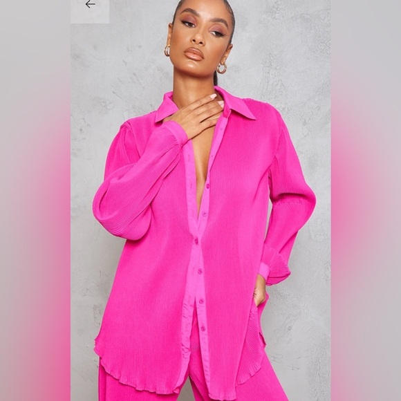 PLT Hot Pink Plisse Button Front Oversized Shirt - Picture 1 of 3